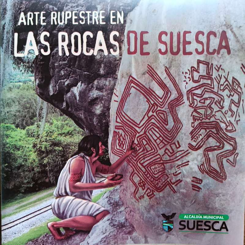 Ilustración de la Alcaldía de Suesca que muestra a un indígena pintando arte rupestre ocre sobre el farallón de las Rocas de Suesca.